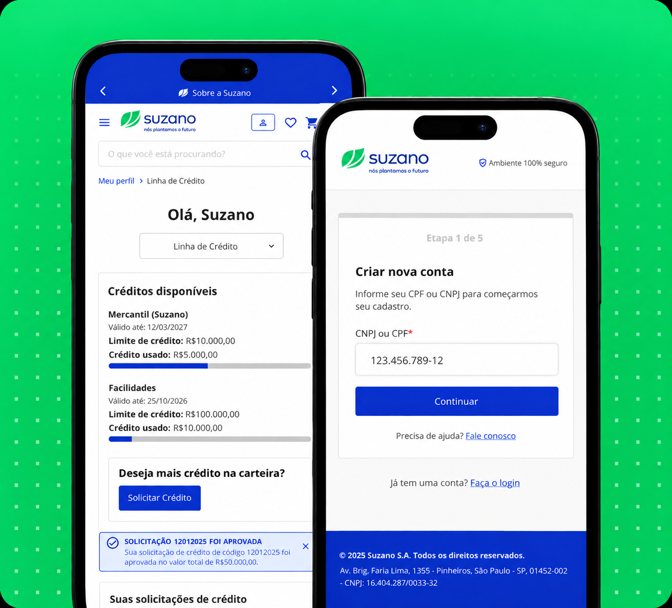 Mockups mobile Suzano de linha de crédito e cadastro