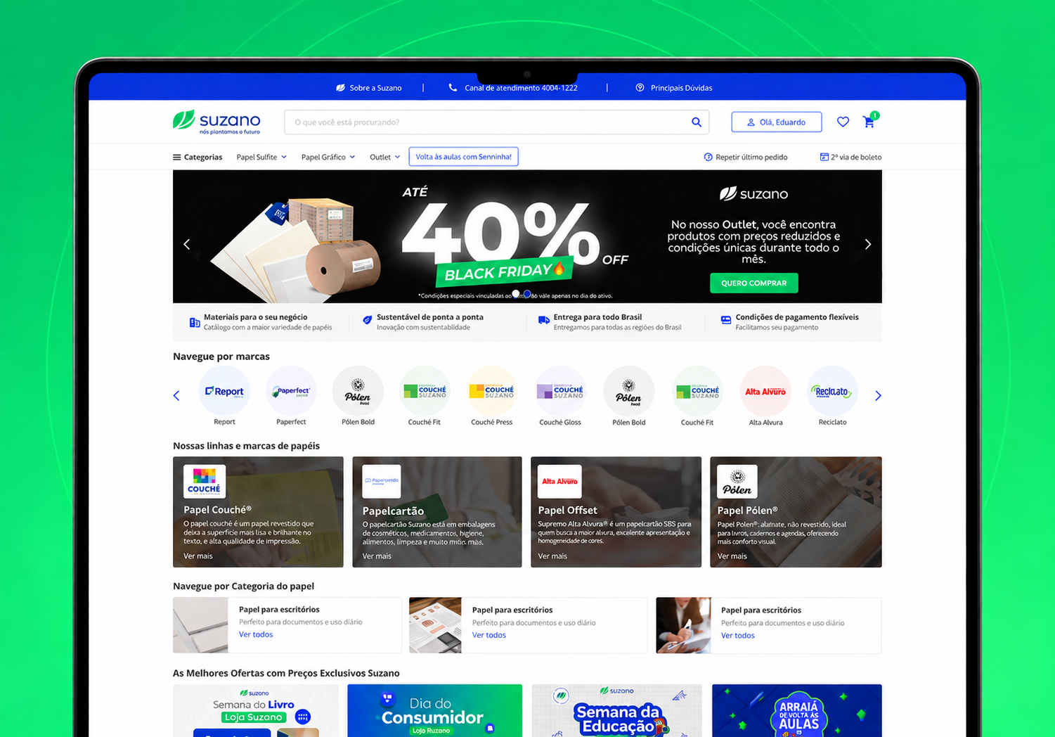 Mockup da homepage Suzano para cliente logado