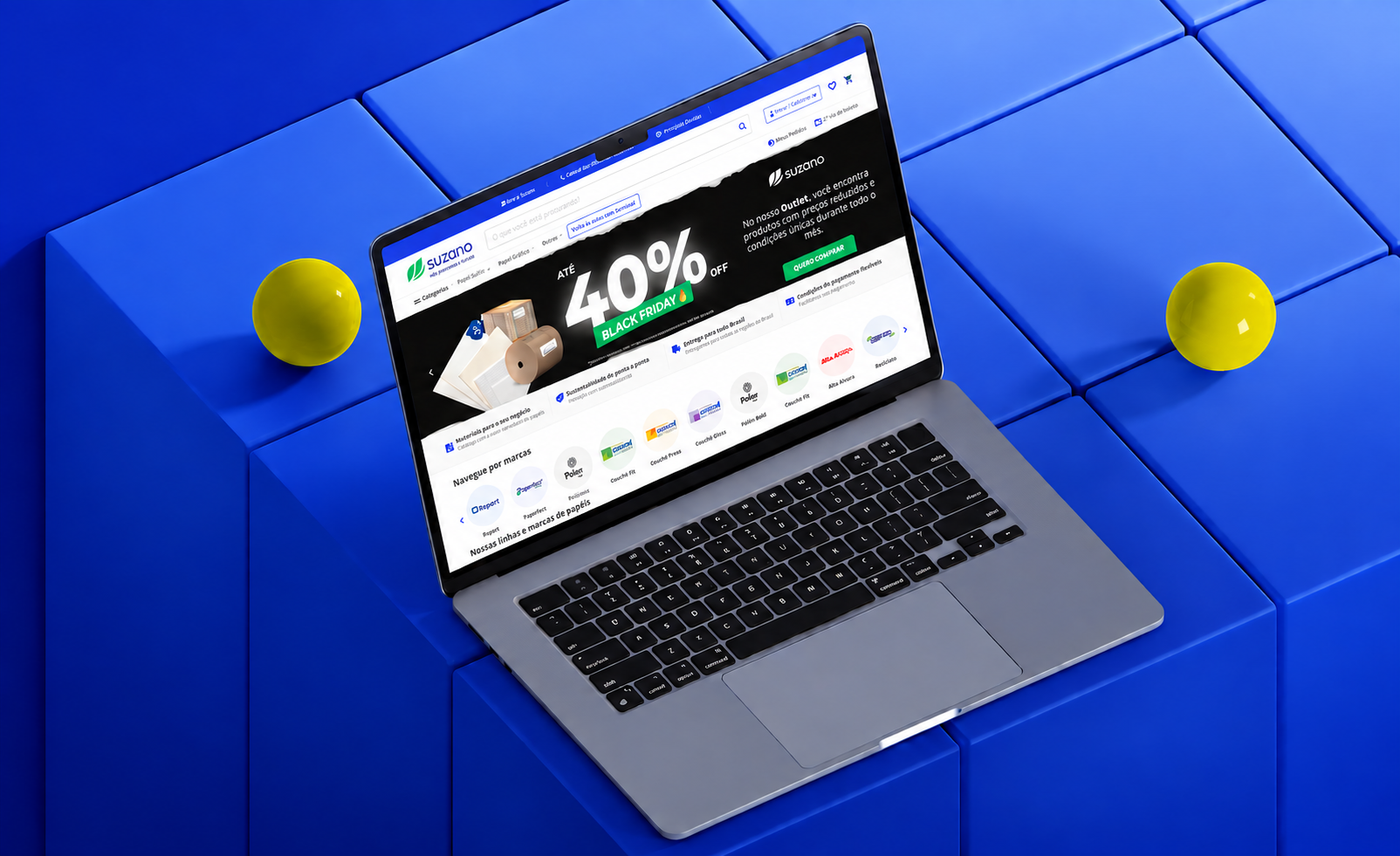 Mockup de notebook com a homepage da plataforma B2B Suzano