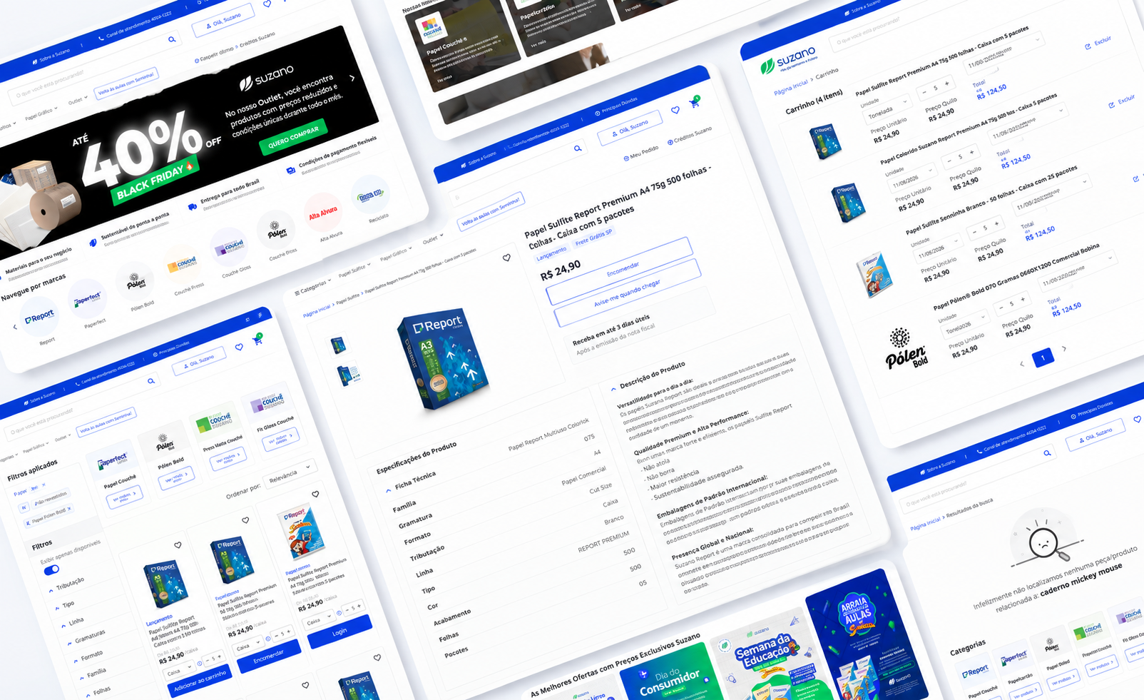 Composição das interfaces Suzano: home, catálogo, página de produto, carrinho e estados de busca