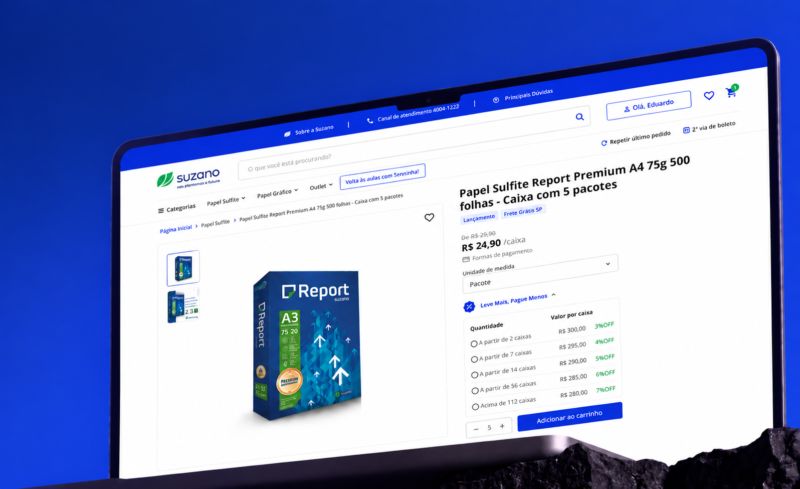 Mockup da página de produto Suzano, com preços, opções de compra e condições por quantidade