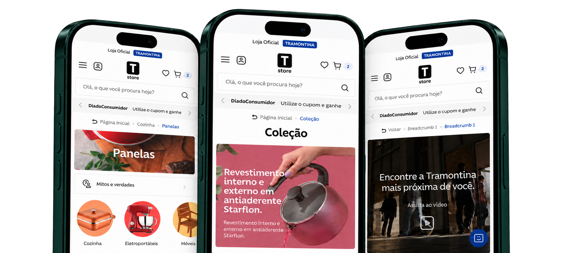 Mockup mobile Tramontina com telas de categorias, coleção e localização da marca