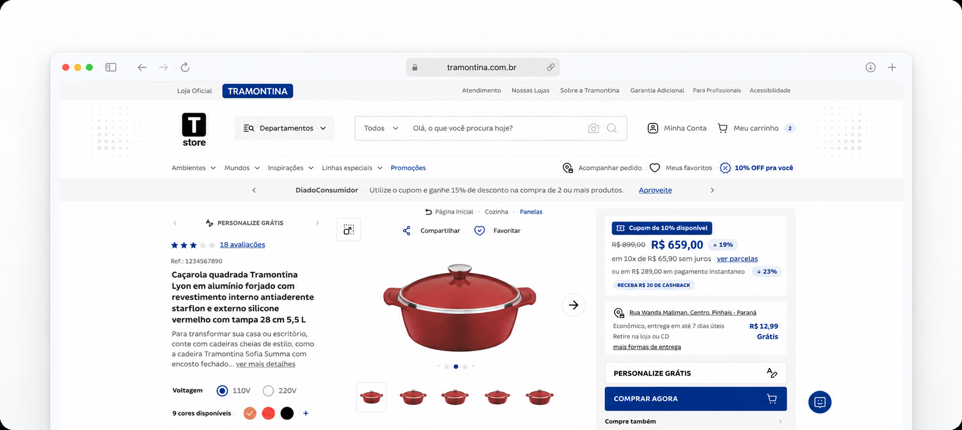 Mockup da página de produto Tramontina com caçarola Lyon, opções e condições de compra