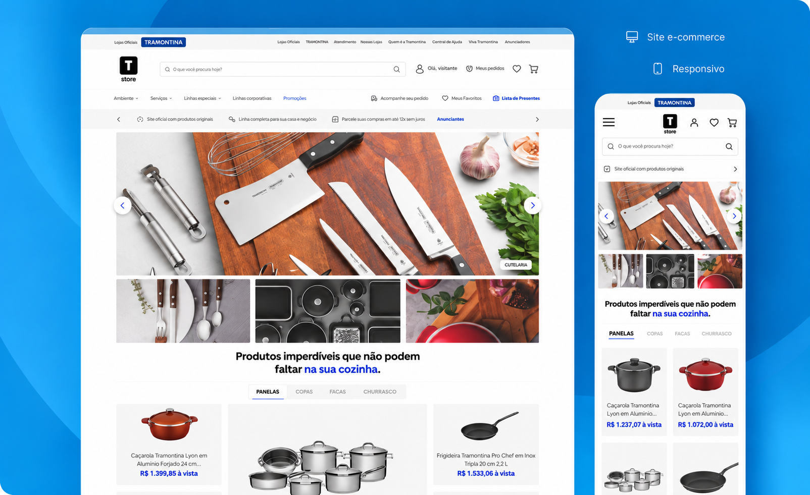 Homepage do e-commerce Tramontina apresentada em desktop e mobile