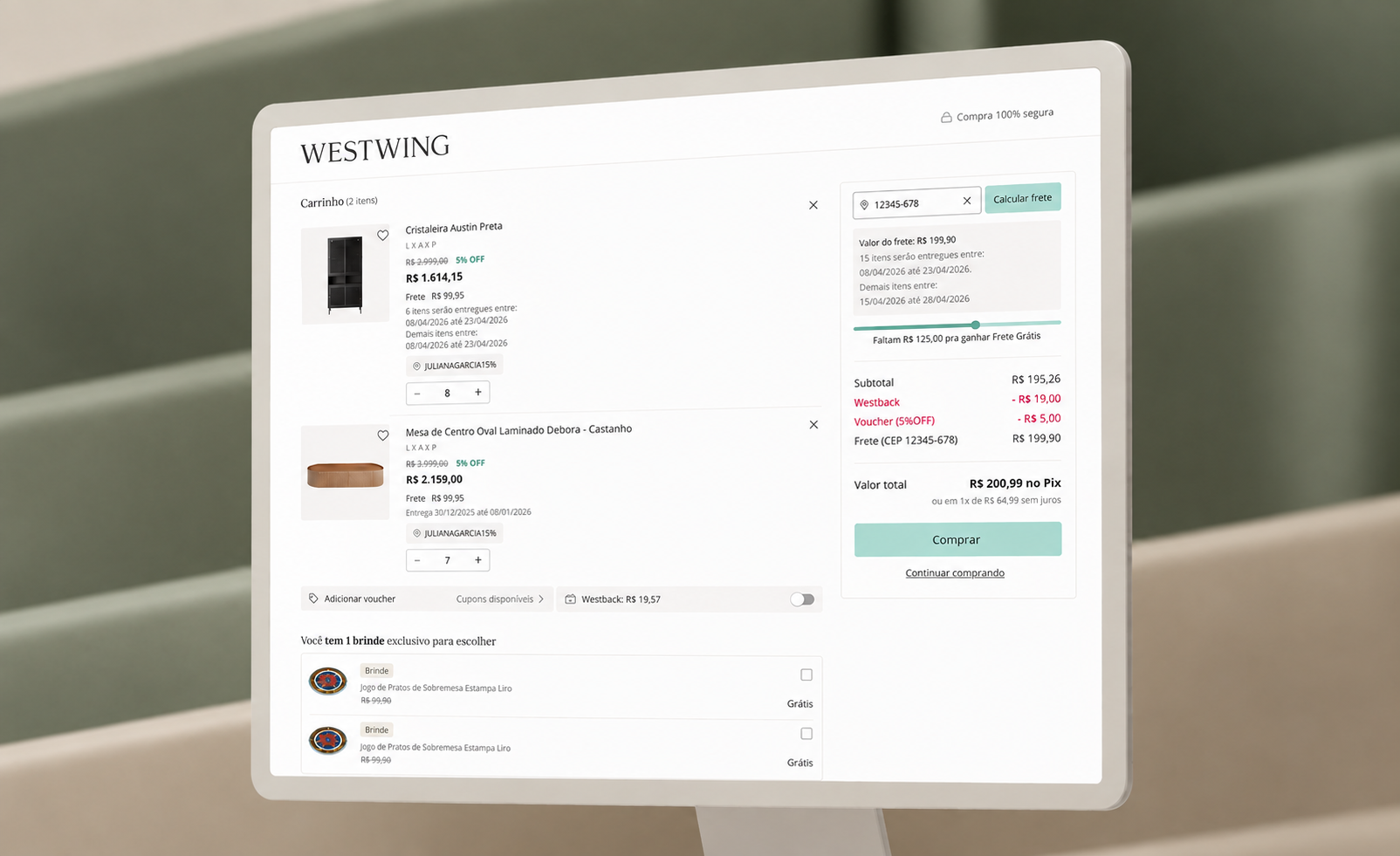 Mockup do carrinho Westwing em monitor desktop