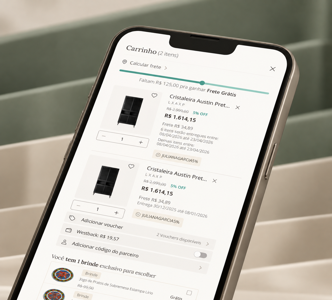Mockup Westwing do carrinho em celular
