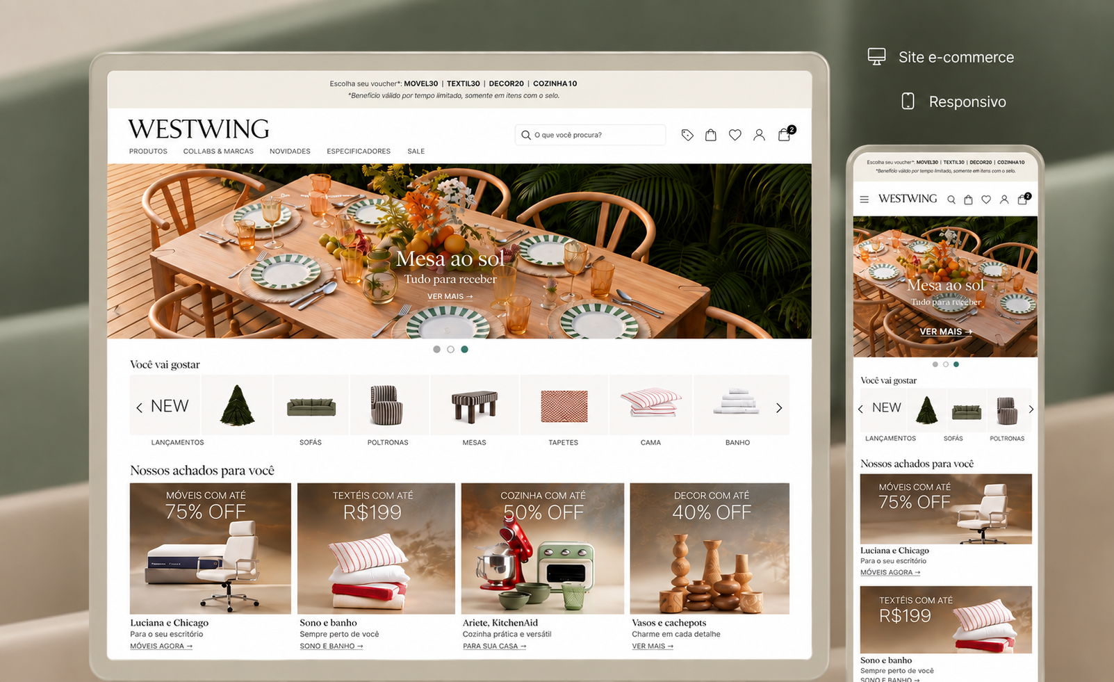 Mockup da home Westwing em desktop e celular