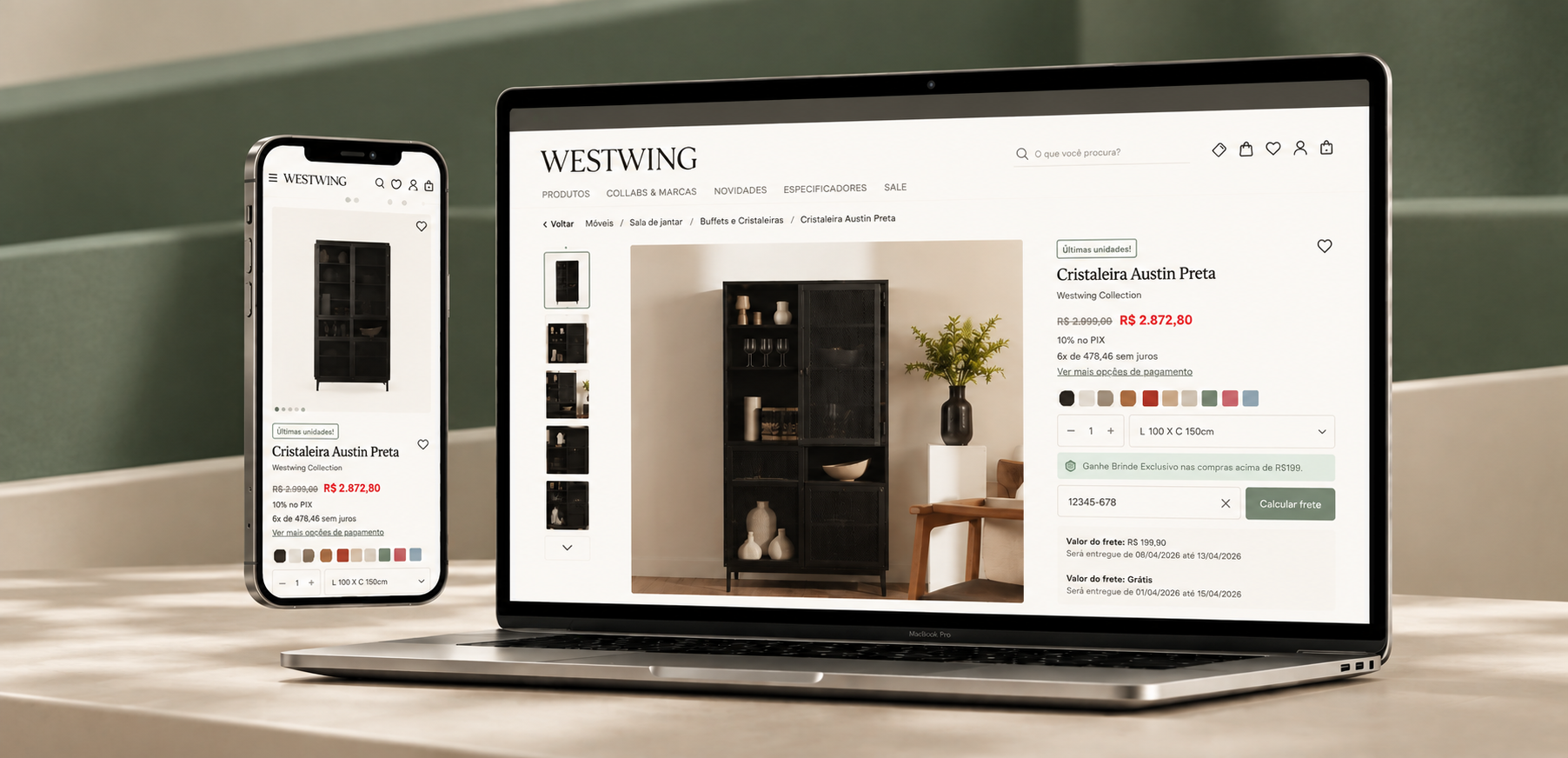 Mockup Westwing da página de produto em notebook e celular