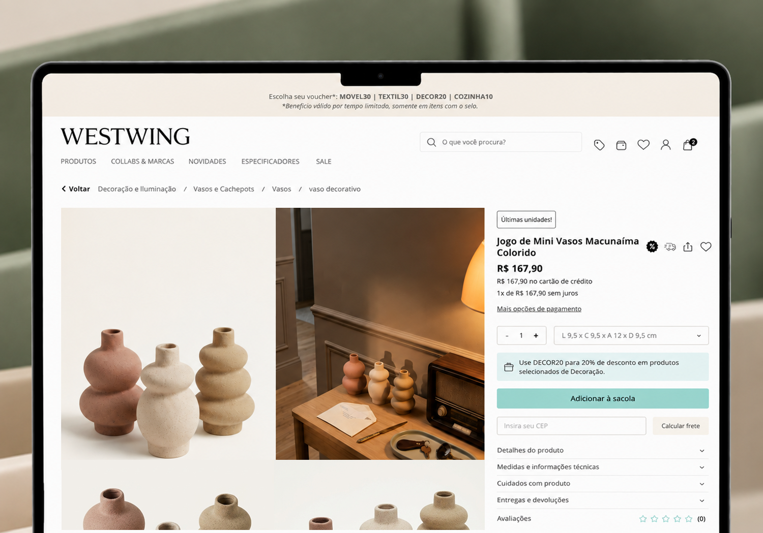 Mockup Westwing da página de produto dos vasos Macunaíma